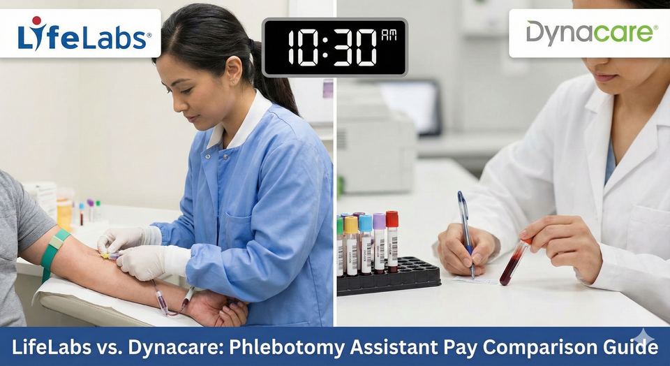 A split screen showing a LifeLabs technician in a blue lab coat drawing blood next to a Dynacare technician in a white coat labeling a vial, with a digital clock in the background