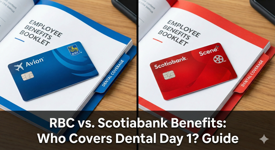 A split screen showing a blue RBC Avion card and a red Scotiabank Scene+ card, sitting on top of an employee benefits booklet.