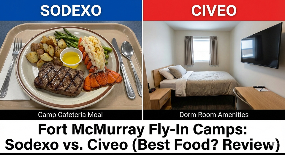 A split screen showing a cafeteria tray with a steak and lobster tail on the left (Sodexo) and a small dormitory room with a single bed and flat-screen TV on the right (Civeo).