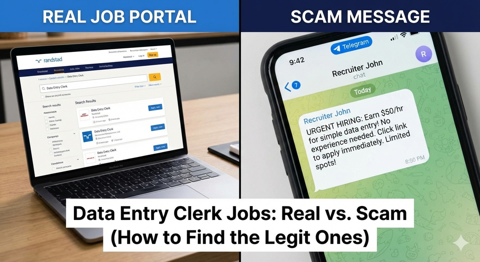 A split screen showing a legitimate "Randstad" job portal on a laptop versus a suspicious "Telegram" chat message offering a fake data entry job.