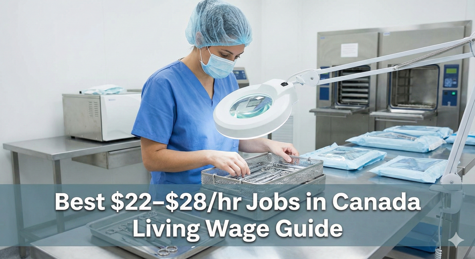 A sterile processing technician in blue scrubs inspecting surgical tools in a clean hospital room, representing a high-paying, behind-the-scenes healthcare job.