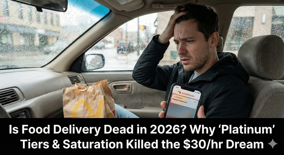 A stressed food delivery driver sitting in a car, looking at a phone screen showing a Platinum Status Lost notification from DoorDash, with a McDonald's bag in the passenger seat.