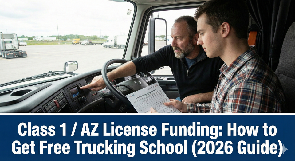  A student driver sitting in the cab of a white Volvo semi-truck, holding a government grant application form, with a driving instructor pointing to the dashboard
