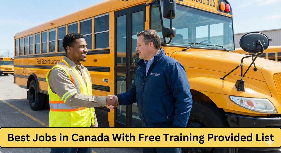 A trainee in a high-visibility vest shaking hands with a supervisor in front of a yellow school bus, symbolizing a hired and trained success story.