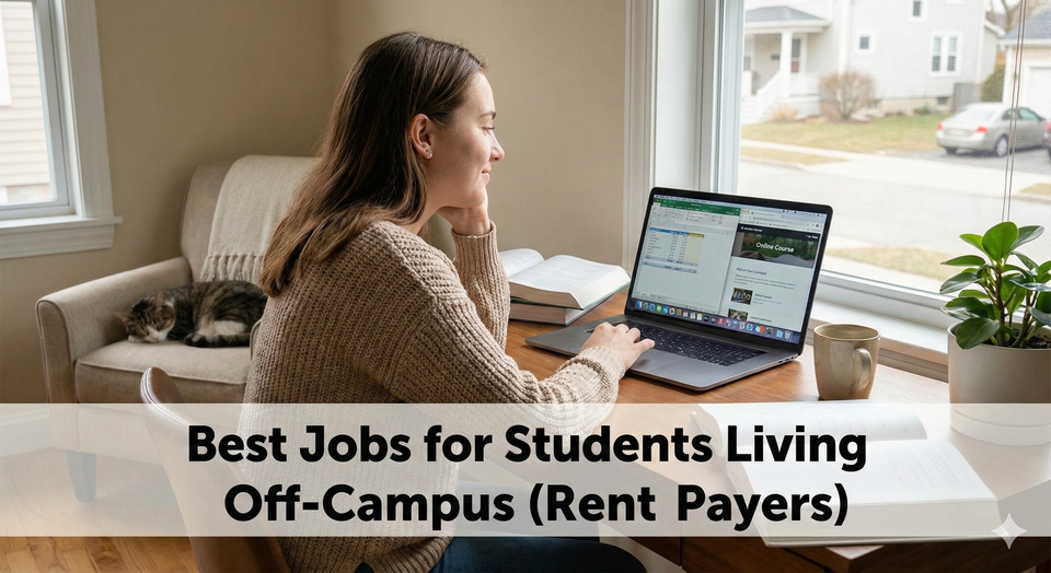 A university student in a cozy apartment looking at a laptop with a calm expression, managing bills and study time.