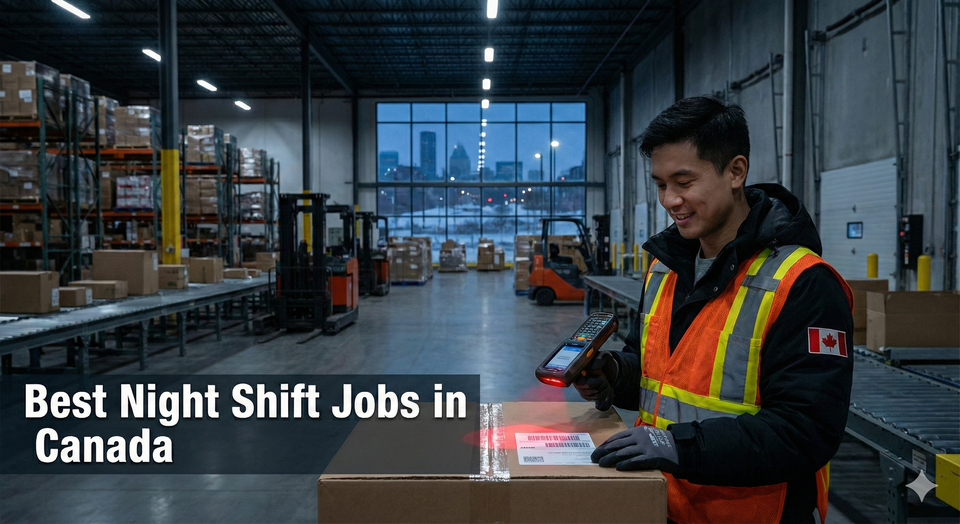A warehouse worker scanning packages during a quiet night shift in a Canadian logistics facility.