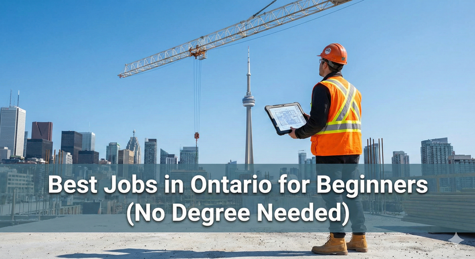 A worker in a high-visibility vest standing in front of the Toronto skyline, holding a tablet and looking at a construction crane.
