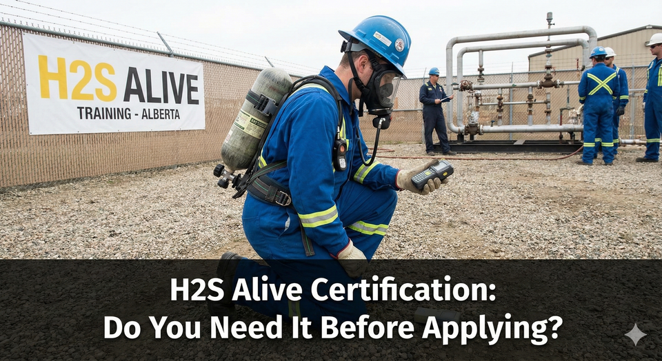 A worker in coveralls wearing a self-contained breathing apparatus (SCBA) during an H2S Alive training course in Alberta.