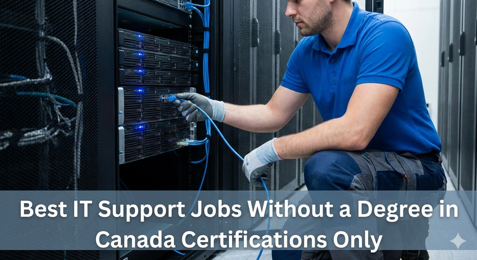 An IT technician in a server room connecting a blue ethernet cable to a rack-mounted server, representing the physical side of tech jobs.