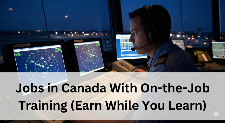An air traffic controller looking at radar screens in a dark tower, representing a high-stress, high-reward job with paid training.