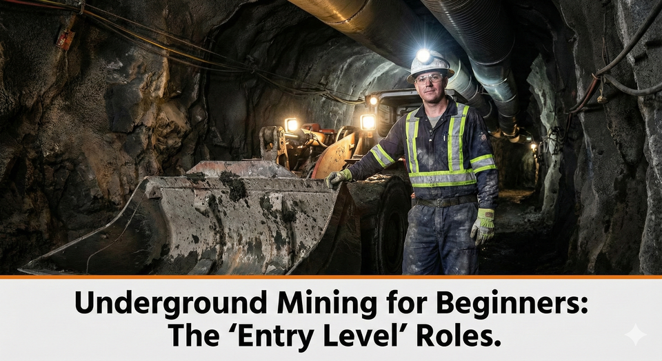 An underground miner wearing a hard hat with a lamp and reflective stripes standing in a mine tunnel next to heavy machinery