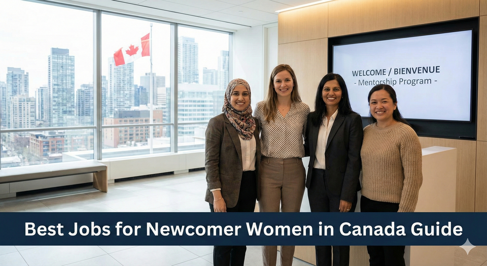 A diverse group of professional women standing in a modern Canadian office, including a woman in a hijab and another in business casual attire, smiling confidently.