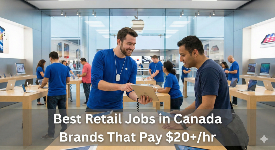 A smiling Apple Store specialist in a blue shirt helping a customer with an iPad, representing the "high-end" retail experience.