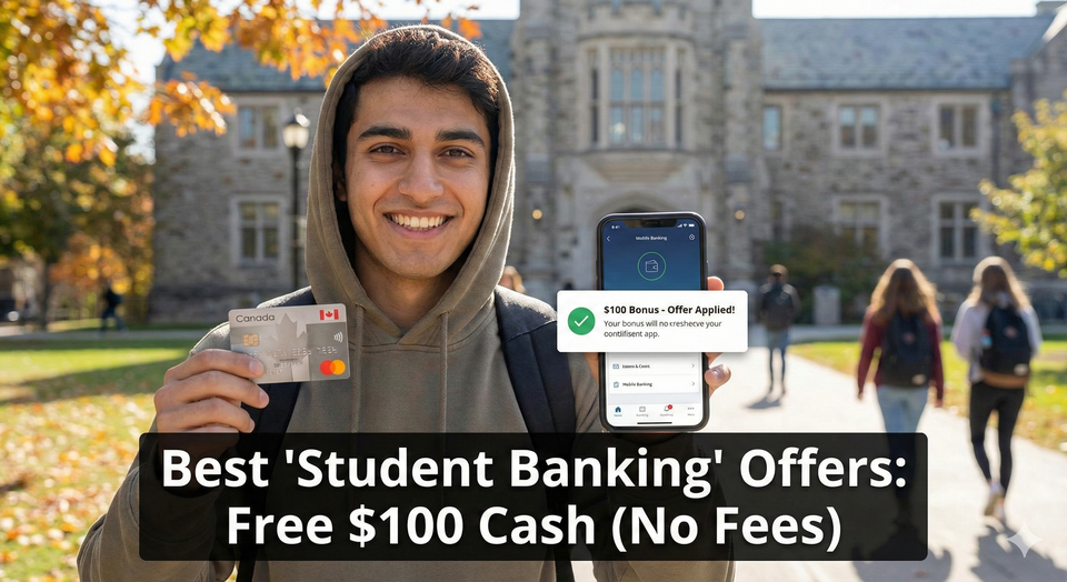 A university student holding a debit card and a smartphone displaying a banking app with a "$100 Bonus" notification, set against a Canadian campus background.