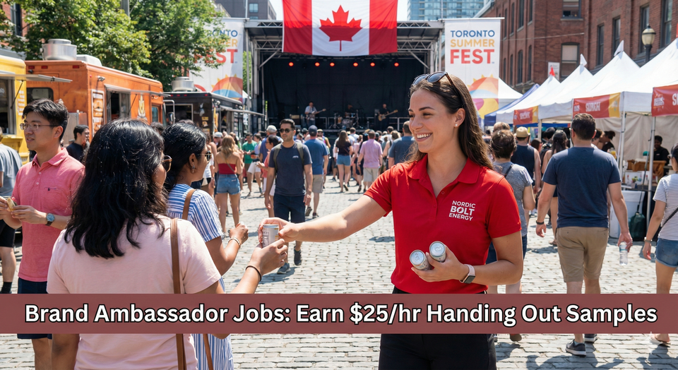 A smiling brand ambassador wearing a branded polo shirt handing out energy drink samples to pedestrians at a busy Canadian summer festival.