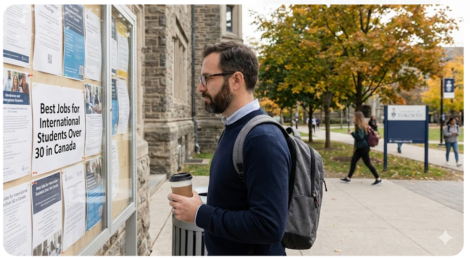 A mature student in their 30s wearing a backpack and holding a coffee, looking at a job posting board on a Canadian university campus