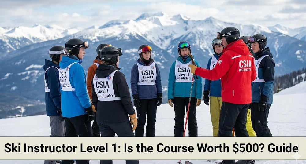 A group of CSIA Level 1 ski instructor candidates standing in a circle on a snowy slope, listening to a course conductor, with a mountain range in the background.