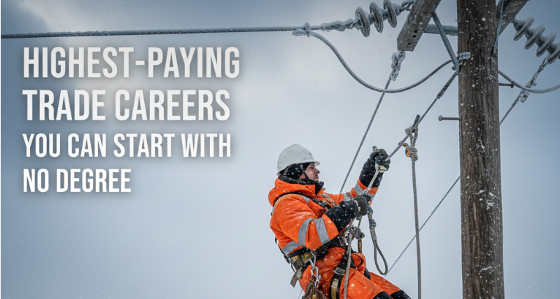 A Powerline Technician hanging from a utility pole in winter gear, securing a high-voltage line against a snowy Canadian sky