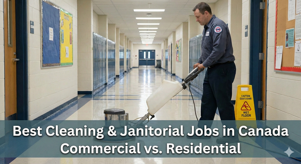  A custodian buffing a high-gloss school hallway floor with an industrial floor machine, representing the stability of unionized commercial cleaning.