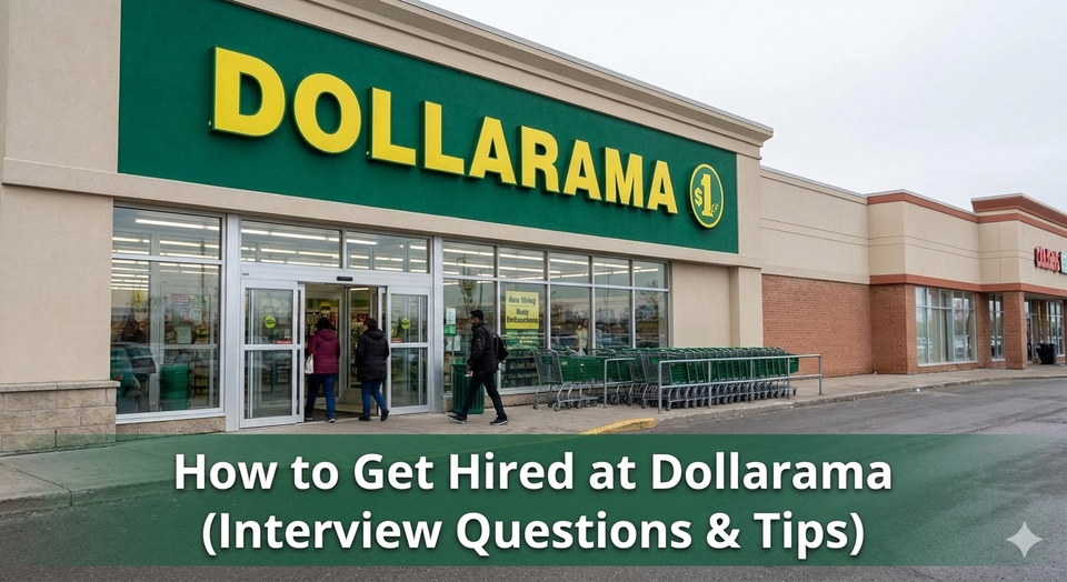 Dollarama storefront entrance in Canada with green logo and shopping carts, representing entry-level retail jobs.