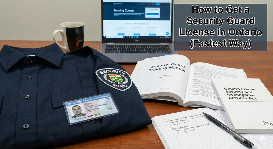 A security guard uniform and a valid Ontario Security Guard License card sitting on a desk next to study materials.