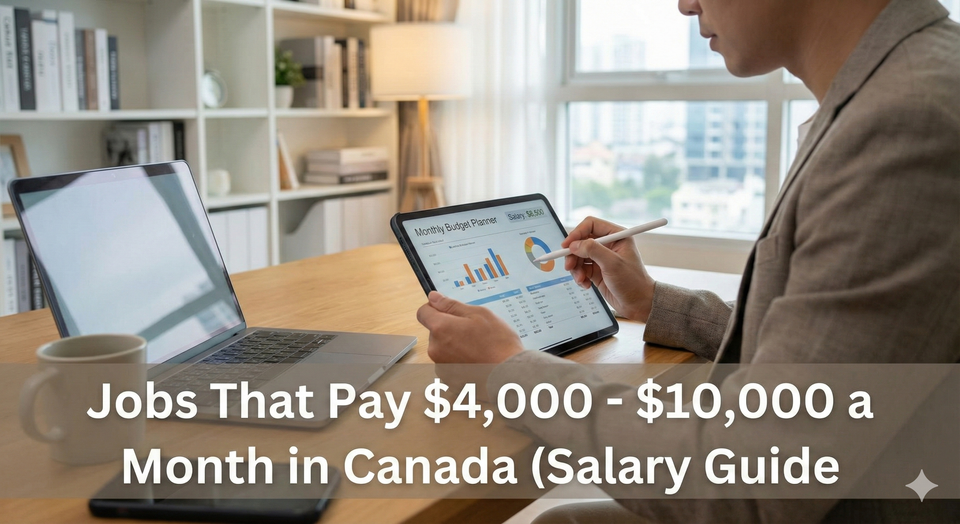 A professional reviewing a monthly budget planner on a tablet with a coffee, representing financial stability and salary planning