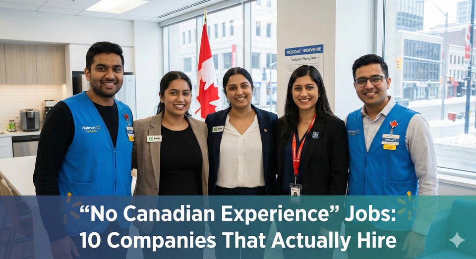 A diverse group of employees in Walmart Canada vests and bank teller uniforms smiling in a Canadian workplace setting.
