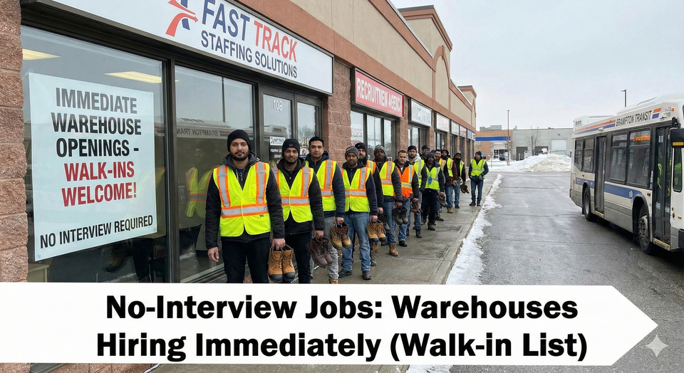 A line of workers wearing safety vests and holding steel-toe boots waiting outside a recruitment agency in Brampton, Ontario.