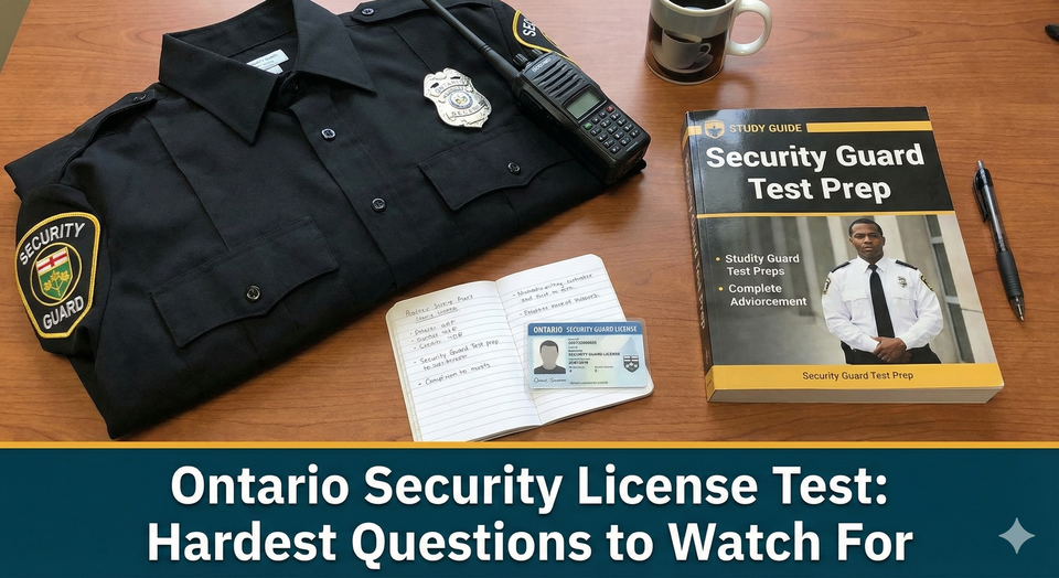 A security guard uniform with a radio and a notebook, sitting on a desk next to an Ontario Security Guard License card.