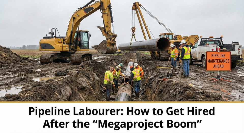A pipeline crew in a muddy field with an excavator and a sideboom, wearing high-vis vests and hard hats, performing a maintenance dig on a section of exposed pipe.