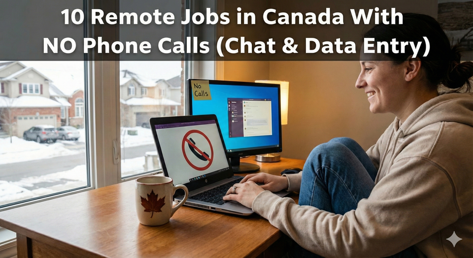 A person working on a laptop at a home desk with a "No Calls" icon on the screen and a cup of coffee, looking relaxed in a Canadian home office.