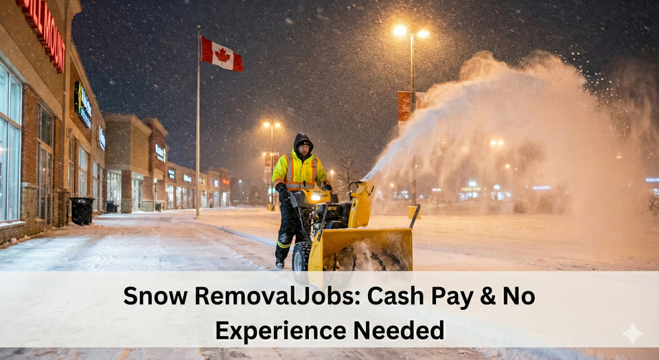 A snow removal crew member using a large yellow snow blower on a commercial sidewalk in Canada during a night storm