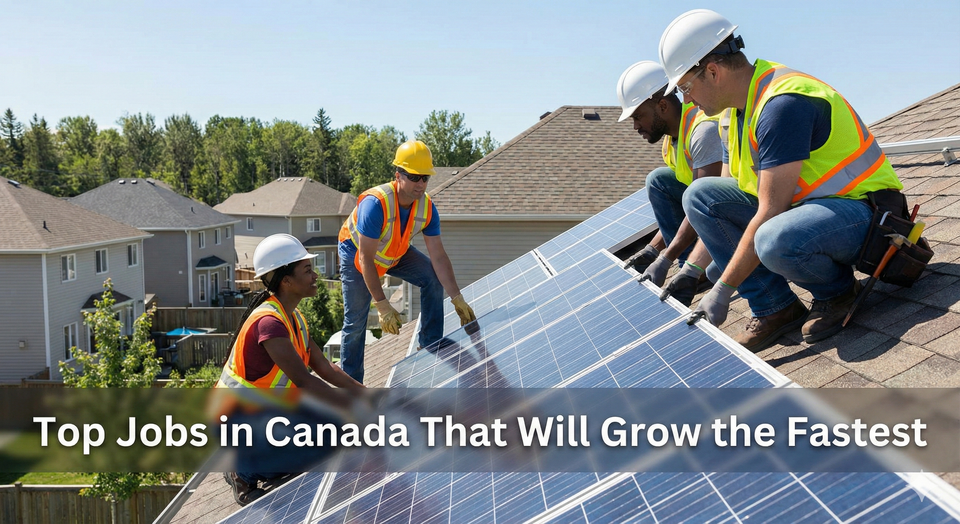 A diverse group of workers installing solar panels on a residential roof, representing the booming green energy sector in Canada.