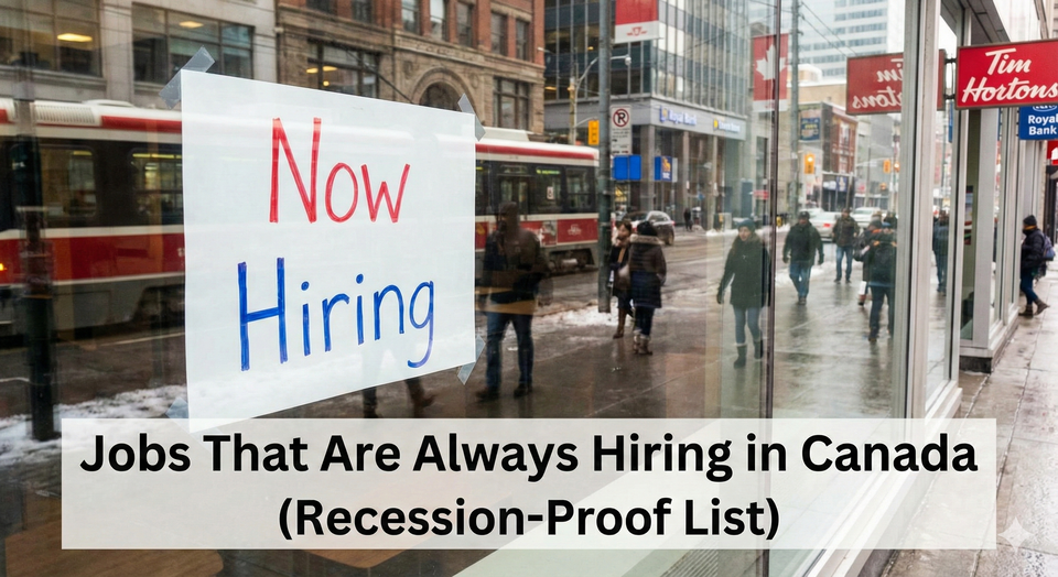 A Now Hiring sign in a store window with a reflection of a busy Canadian street, symbolizing constant job availability.