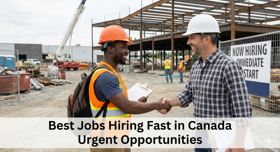 A worker in a high-visibility vest shaking hands with a site manager on a construction site, representing an immediate hiring decision.