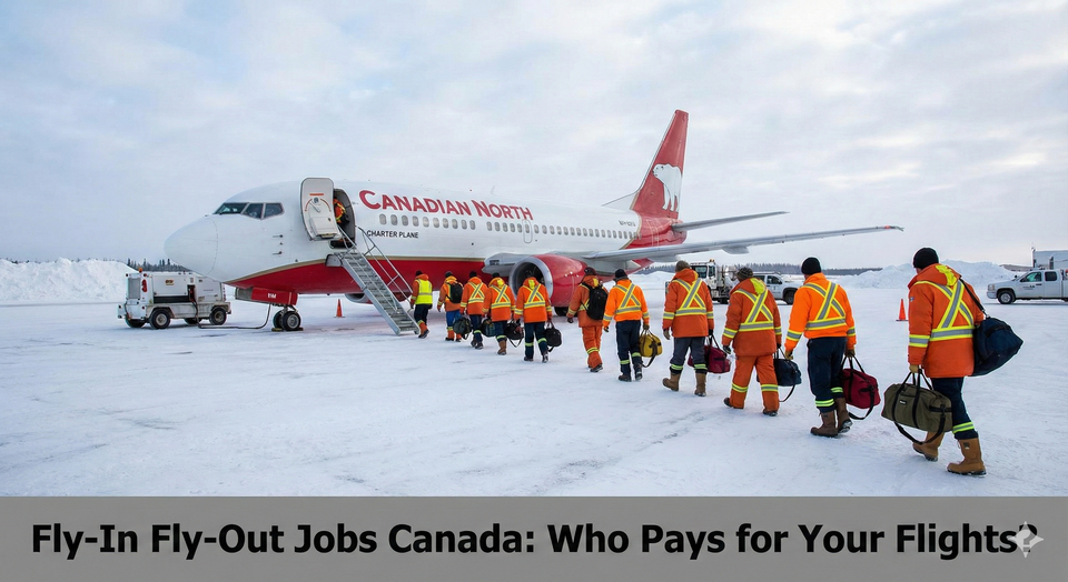 A Canadian North charter plane on a snowy tarmac in Fort McMurray with workers in high-visibility parkas boarding the flight.