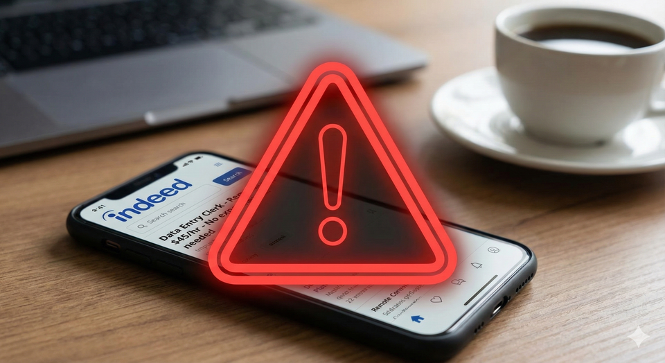 A smartphone displaying a suspicious "Data Entry Clerk" job offer on Indeed with a red warning symbol overlay.