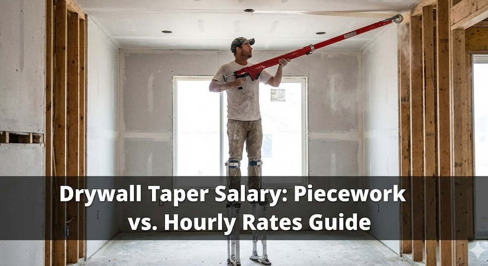 A drywall taper on stilts using an automatic bazooka tool to tape a ceiling joint in a new construction home.