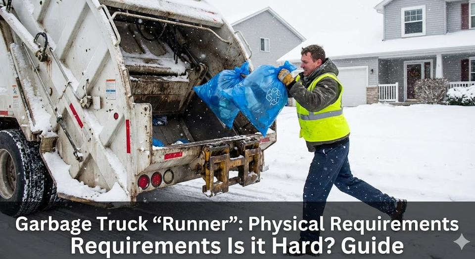 A garbage truck runner (swamper) in a high-vis yellow vest tossing two blue recycling bags into the back of a rear-loader truck on a snowy street.