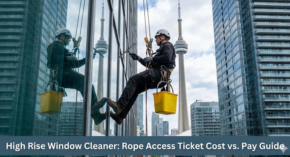 A high-rise window cleaner in a full body harness descending the side of a glass skyscraper in Toronto, with a squeegee in hand and a bucket clipped to their belt.