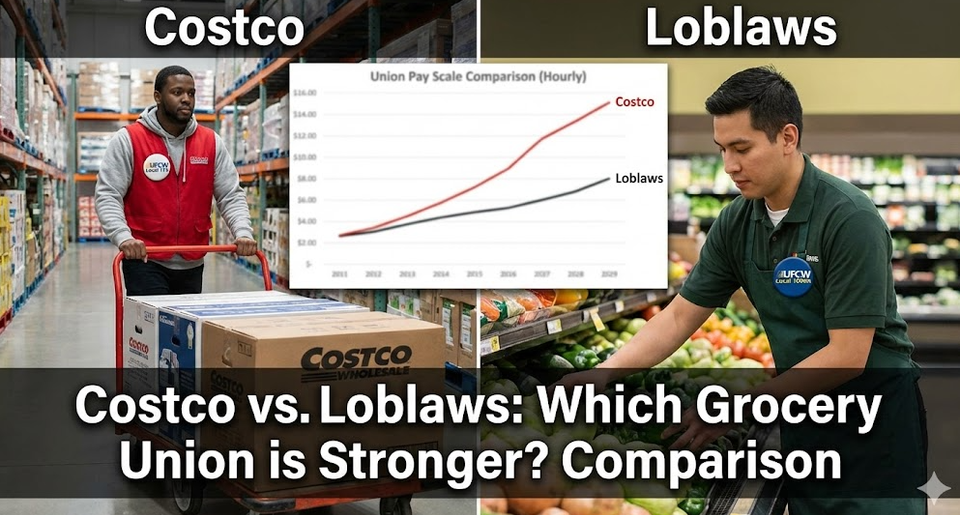 A split screen showing a Costco employee in a red vest pushing a flatbed cart next to a Loblaws employee in a uniform stocking produce, with a "Pay Scale" graph in the background.