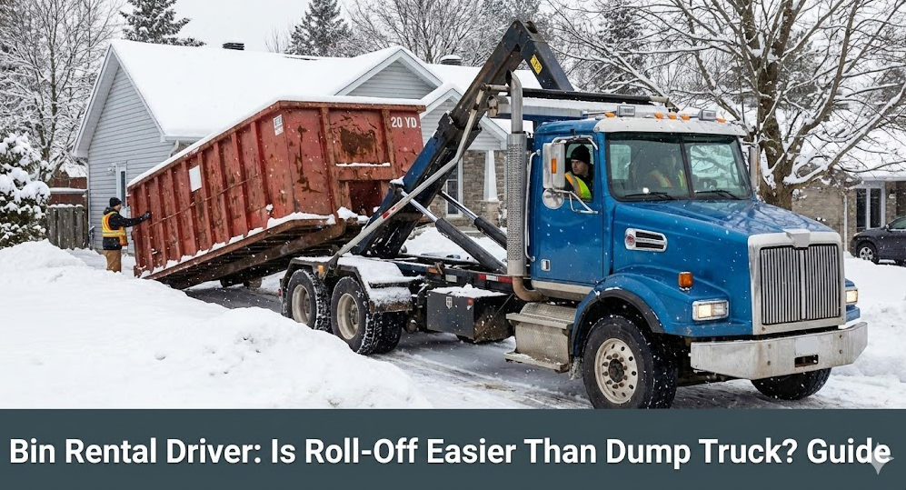 A blue roll-off truck carefully lifting a rusted 20-yard construction bin from a narrow residential driveway in winter.