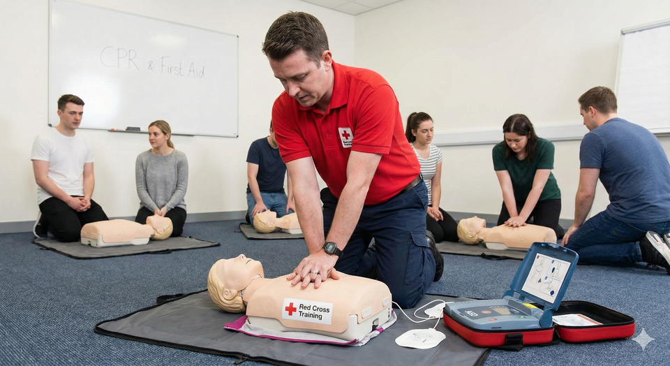 A Red Cross training instructor demonstrating CPR compressions on a dummy with an AED machine nearby.