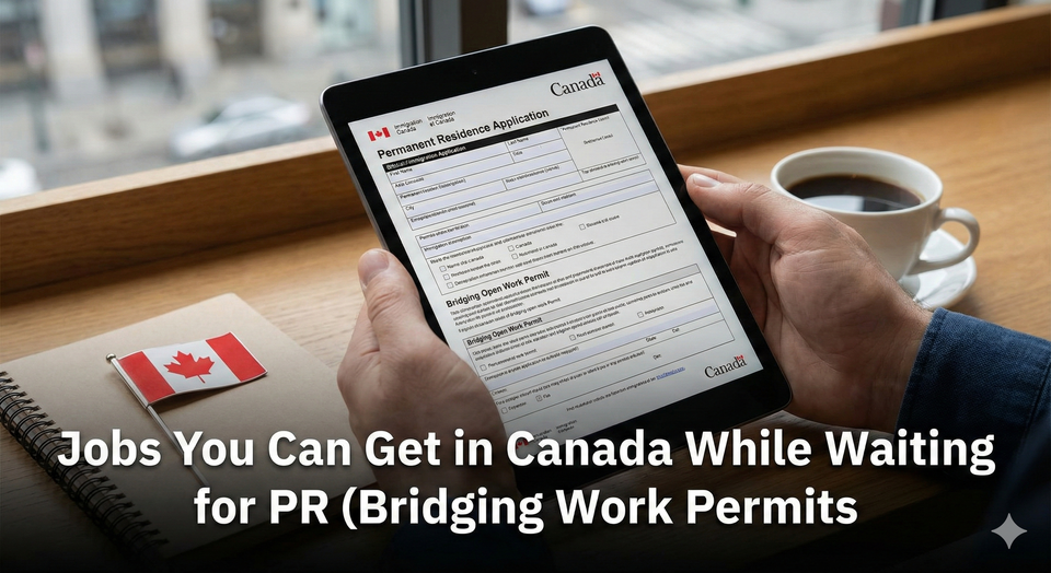  A person reviewing immigration documents on a tablet with a Canadian flag pin on their desk, representing the transition to permanent residence.