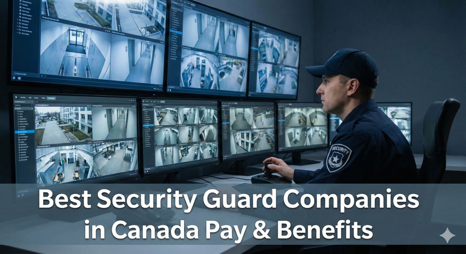 A uniformed security guard monitoring high-tech screens in a control room, representing the professional side of the security industry.