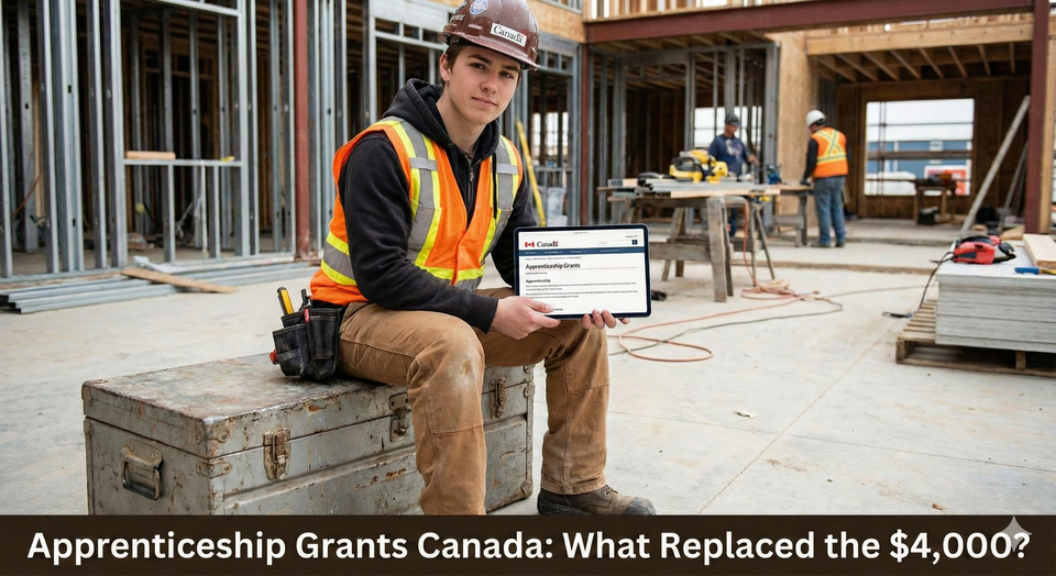 A young apprentice electrician checking a government website on a tablet while sitting on a toolbox at a construction site.