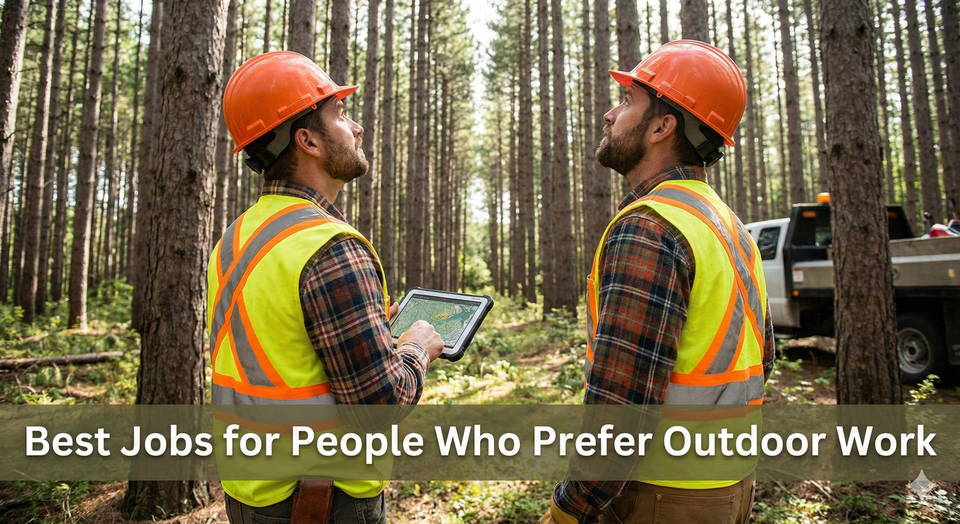 A forestry worker in a hard hat and high-vis vest standing in a Canadian pine forest, holding a tablet and looking up at the trees.
