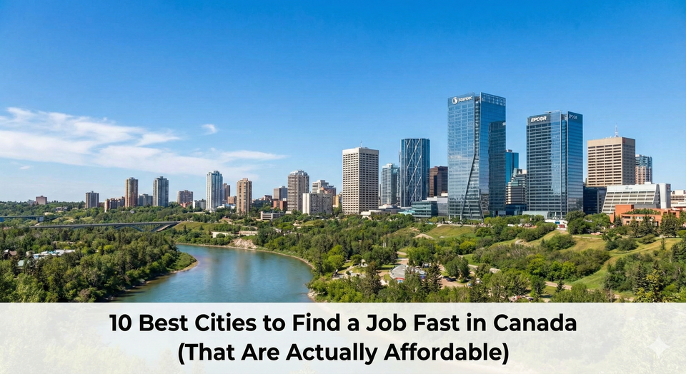 A skyline shot of Edmonton, Alberta, featuring the river valley and modern office towers under a bright blue sky.