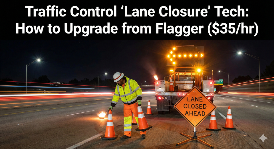 A Lane Closure Technician (LCT) setting up orange traffic cones on a highway at night, standing next to a truck with a flashing arrow board. 