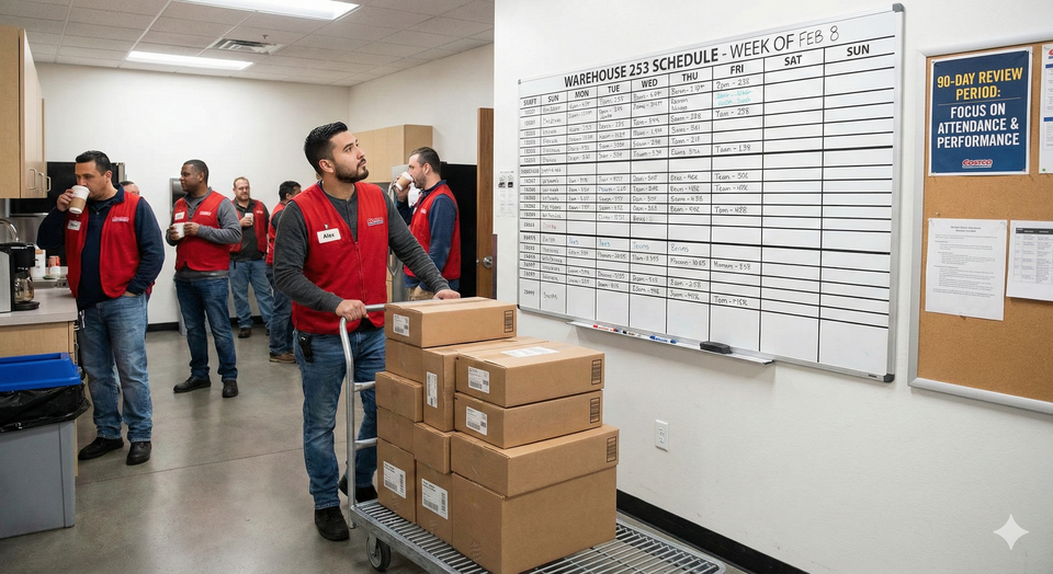 A Costco employee in a red vest pushing a flatbed cart stacked with boxes, looking at a schedule board in the breakroom.
